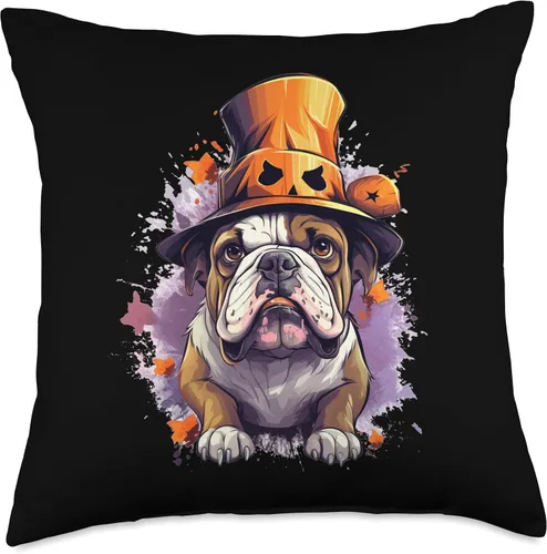 Vista 5 de Bulldog Halloween Dog Pumpkin Costume Cojín de Halloween con diseño de calabaza y perro de Bulldog Inglés, 16 x 16 pulgadas, multicolor