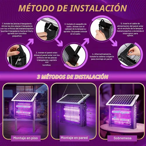 Vista 6 de 2 piezas de exterminador solar de insectos para exteriores con panel giratorio, 3000 V eléctrico matamoscas impermeable, 200 W de doble tubo
