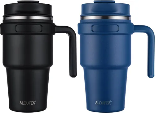 Vista 11 de Taza de café aislada de 20 onzas con asa, vaso de viaje de acero inoxidable con tapa y popote, taza térmica de doble pared al vacío a prueba de Negro