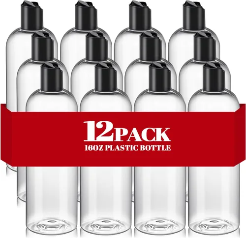 Vista 9 de 3 botellas de viaje recargables de plástico transparente de 16 onzas con tapas superiores de disco negro Squeeze Empty Shampoo Bottles, For