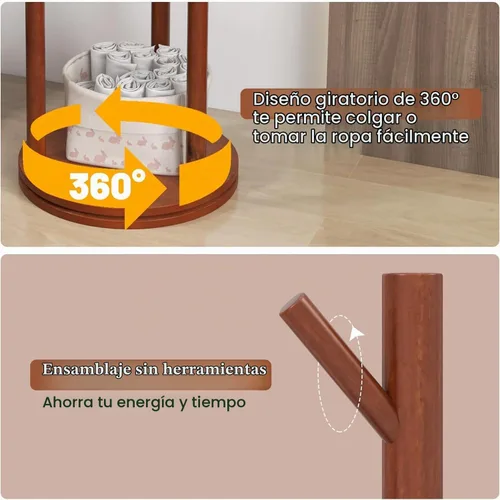 Vista 5 de Generic Perchero de madera independiente con 3 estantes y 9 ganchos, soporte resistente y fácil de montar para entrada, pasillo, dormitorio