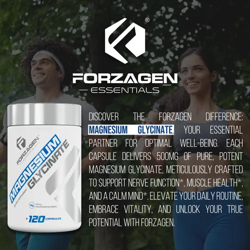 Vista 3 de Forzagen Suplemento de glicinato de magnesio, 500 mg, 120 cápsulas, apoyo mineral esencial para la función nerviosa, la salud muscular