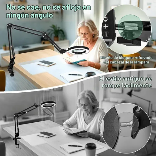 Vista 7 de 12 lupas con luz, lámpara de escritorio LED ultra larga de 3 secciones con brazo oscilante con abrazadera grande, 5 colores y brillo, lupa manos