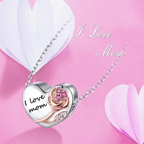 Vista 4 de Dijes de plata de ley 925 con diseño de corazón con rosas 3D, cuentas para pulseras, collares, bodas, Día de San Valentín, Día de la Madre, regalo
