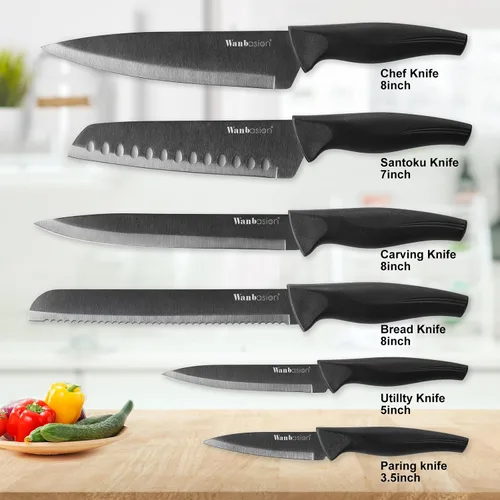 Vista 3 de Wanbasion Juego de cuchillos de cocina profesional negro, de acero inoxidable, apto para lavavajillas con fundas