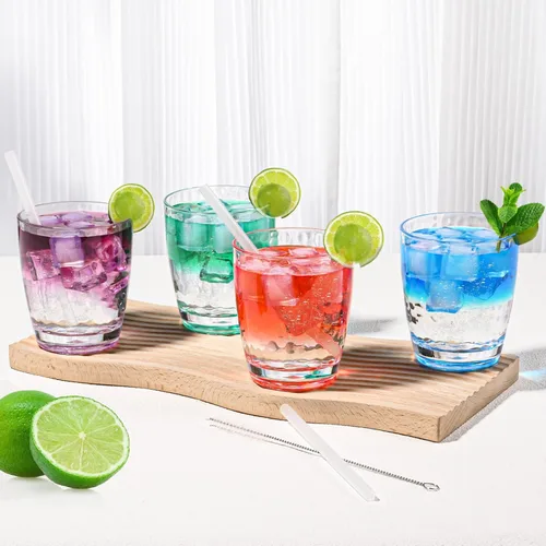 Vista 2 de 6 vasos de plástico para beber de 14 onzas, vasos acrílicos con popote y cepillo de polipropileno, sin BPA, vasos de agua apilables, vasos