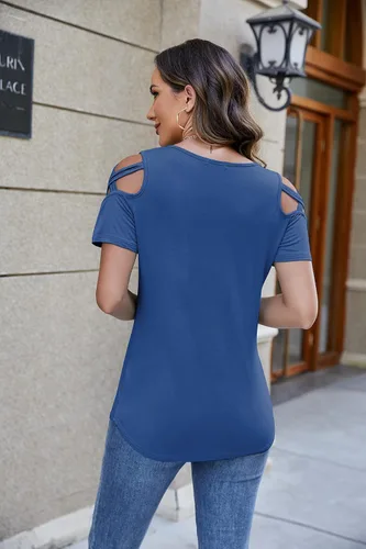 Vista 5 de LIOFOER Womens Blouse Loose Strappy Sleeve Cold Shoulder Tops