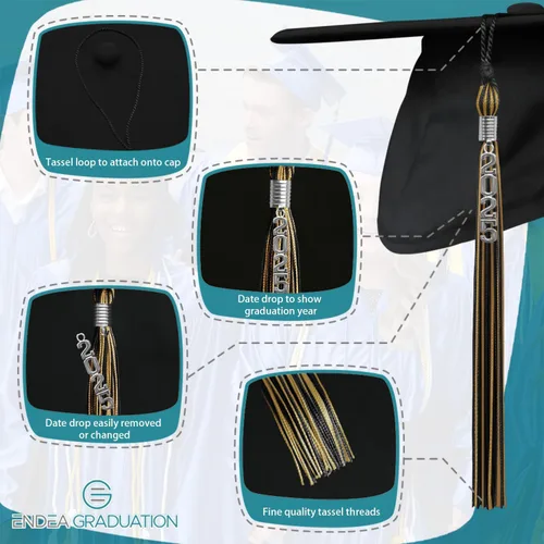 Vista 3 de Endea Graduation Borla mixta de doble color con gota de fecha apilada plateada (negro/oro antiguo, 2025)
