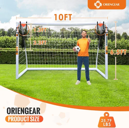 Vista 2 de ORIENGEAR Soccer Goal, 12x6/10x6.5/8x6/6x4 Full Size Soccer Goals for Backyard, Soccer Net with Training Discs, Portable Soccer Goal for Kids and