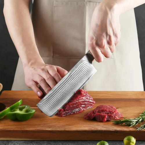 Vista 7 de Cuchillo Damasco Nakiri, cuchillo de cocina profesional de 7 pulgadas con mango ergonómico de madera antideslizante, japonés 10Cr15CoMoV, cuchillo
