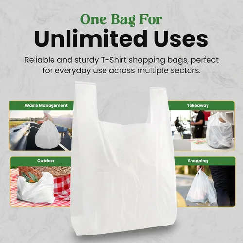 Vista 5 de Bolsa de plástico con asas Camiseta Bolsa de compras para pequeñas empresas Bolsas de plástico reciclables para comestibles Para ir