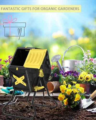 Vista 2 de Contenedor de compost giratorio de 18.5 galones de material libre de BPA – Compostadores de una sola cámara giratoria para exteriores, con sistema