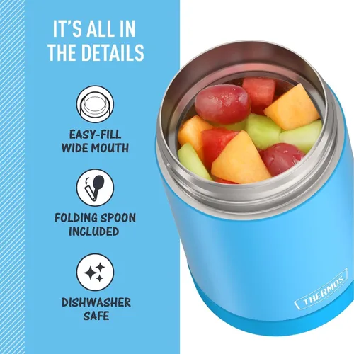 Vista 4 de THERMOS Funtainer - Tarro de alimentos aislado de 16 onzas, tarro de comida para niños con cuchara plegable, azul denim