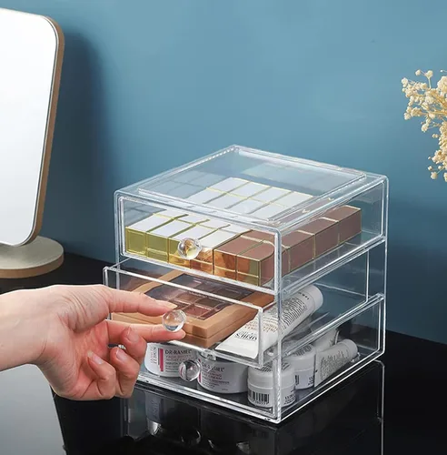 Vista 2 de AJIODA Caja organizadora de cajones de maquillaje con 3 cajones, vitrina de acrílico para cosméticos, organizador de tocador, caja de almacenamiento
