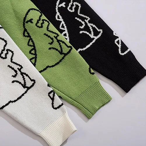 Vista 6 de Flygo Suéter de punto de dinosaurio para mujer, unisex, de gran tamaño, casual, manga larga, suéter de punto