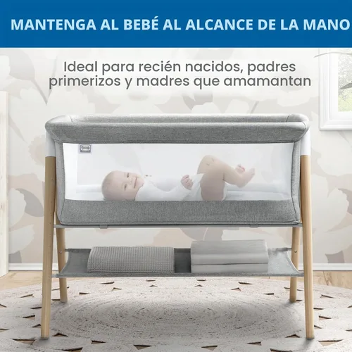 Vista 3 de Delta Children Simmons Kids Koi by The Bed Moisés con malla transpirable y patas de madera de haya natural, gris paloma