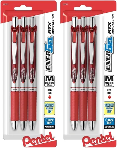 Vista 4 de Pentel EnerGel RTX - Bolígrafo, (¹/₃₂ pulgadas) línea mediana, punta de metal, tinta color rojo, paquete de 3 (BL77BP3B)