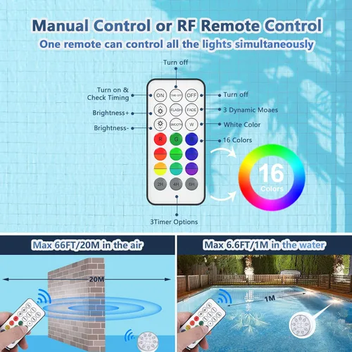 Vista 6 de Luces de piscina para piscina sobre el suelo, luces LED sumergibles recargables subacuáticas con control remoto, IP68 impermeable, luz de piscina