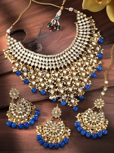 Vista 3 de Aheli Elegant Wear - Gargantilla con tachuelas Kundan de imitación con juego de Maang Tikka Azul