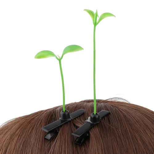 Vista 4 de 8 pinzas para el cabello de hierba divertidas, color verde, horquillas para brotes de frijoles, pasador de hierba, hoja verde, antena, horquillas