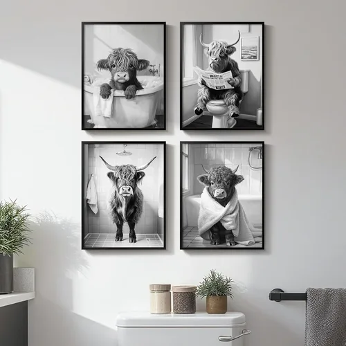 Vista 12 de Arte de pared divertido de vaca de las tierras altas enmarcado para baño, 4 piezas de divertidos animales, impresiones artísticas azul marino, linda