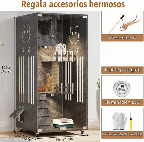 Vista 5 de Casa de Madera para Gatos de Gran Espacio, Condominio Cerrado para Gatos, Recinto para Gatos Interior/Exterior con Ruedas, Villa de Lujo