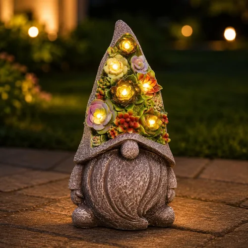 Vista 2 de Estatuas solares de jardín con suculentas y luces LED, estatuas de gnomos de jardín para patio, exterior, patio, balcón, jardinería, inauguración