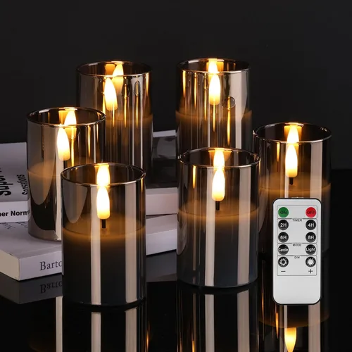 Vista 10 de Velas votivas sin llama de vidrio dorado con control remoto y temporizador, juego de 6 velas LED parpadeantes de cera real, pilar pequeño