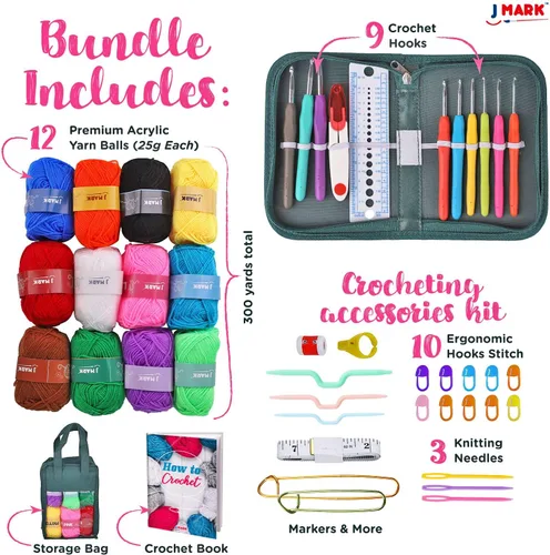 Vista 2 de J MARK Kit de Ganchillo de Acrílico para Principiantes – Juego Premium de Inicio de Ganchillo para Adultos