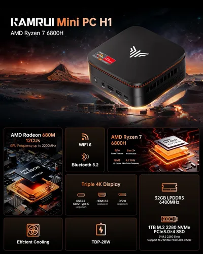 Vista 2 de KAMRUI Hyper H1 AMD Ryzen 7 6800H Mini PC para juegos, 32 GB de RAM 1 TB
