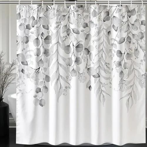 Vista 13 de KAIRA Cortina de ducha de eucalipto negro con diseño clásico y moderno, hojas de plantas de acuarela con diseño floral, decoración de baño, 72 x 72
