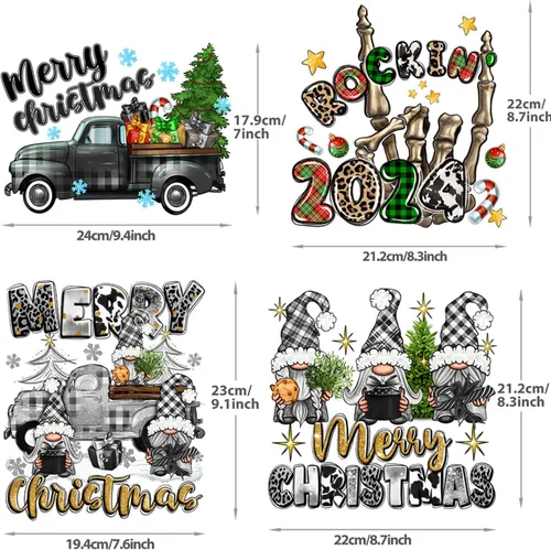 Vista 7 de Calcomanías de transferencia para ropa 2024 con texto en inglés «Merry Christmas» – Decoración navideña para planchar en el coche, gnomo de Papá