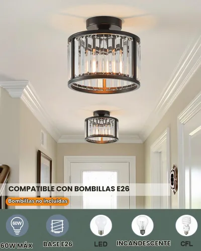 Vista 2 de Lámpara de techo negra empotrada, lámpara de cristal enjaulada de 2 luces, lámpara de pasillo de tambor pequeño, montaje de techo