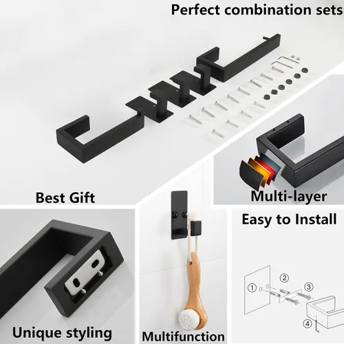 Vista 7 de TocTen Juego de 4 piezas de accesorios de baño, juego de barra de toalla de mano de acero inoxidable grueso, incluye soporte para toallas de baño