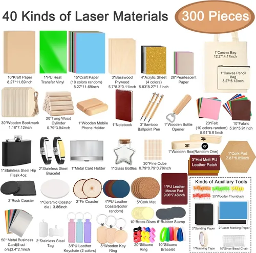 Vista 2 de Csyidio 300 piezas de material de grabado láser, 40 tipos de accesorios de grabado láser con instrucciones, suministros de grabado láser que