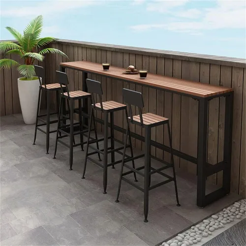 Vista 6 de LAKIQ Moderna mesa rectangular de bar para exteriores con caballete para exteriores, mesa de altura de pub para patio, mesa de madera fabricada