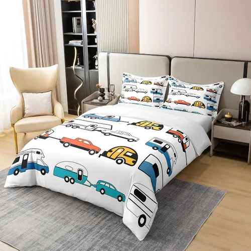 Vista 2 de Funda de edredón de campista 100% algodón individual, juego de ropa de cama de campamento feliz para niños y niñas, funda de edredón de remolque