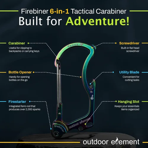 Vista 4 de OUTDOOR ELEMENT Firebiner Custom Engraved 6-in-1 Fire Starter Carabiner Multitool – Survival Gear EDC Keychain with Utility Blade, Bottle Opener