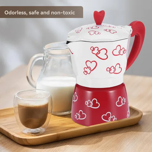 Vista 5 de HERCHR Red Heart - Olla de aluminio para moka, cafetera de café expreso con mango ergonómico antideslizante para verter sobre la cafetera