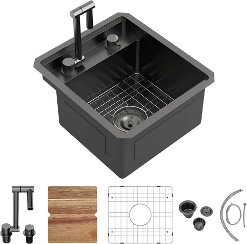 Vista 20 de Fregadero de 13 x 15 pulgadas negro para exteriores, estación de trabajo NANO PVD Gunmetal negro, calibre 16, acero inoxidable, hecho a mano, cuenco