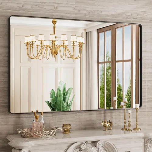 Vista 77 de JISOSO - Espejo de baño negro de 20x30 pulgadas con marco de metal negro, espejo de tocador rectangular redondeado con acabado mate para pared
