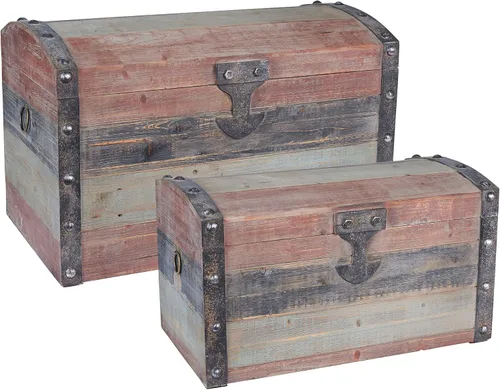 Vista 17 de Household Essentials Baúl decorativo de estilo victoriano, acabado en madera envejecida y acentos metálicos, con tapa completamente abierta y asas