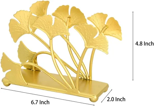 Vista 5 de Owlgift Servilletero moderno de hoja de ginkgo dorado pintado – Servilletero de papel decorativo de hierro de primera calidad de 6.7 pulgadas