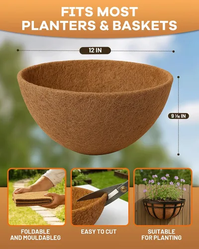 Vista 7 de Forro redondo de fibra de coco de 12 pulgadas para plantas, paquete de 2 macetas redondas de coco natural para macetas colgantes, cajas de ventana