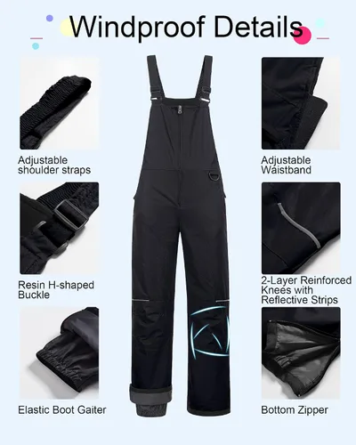 Vista 5 de CREATMO US Baberos de Nieve para Niñas Pantalones de Esquí para Niños Impermeables con Aislamiento Petos de Invierno Negro