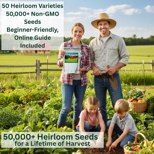 Vista 2 de B&KM Farms Kit de semillas de 50,000 reliquias – 50 variedades de semillas de verduras, frutas y hierbas sin OMG para jardinería en el hogar – Alta