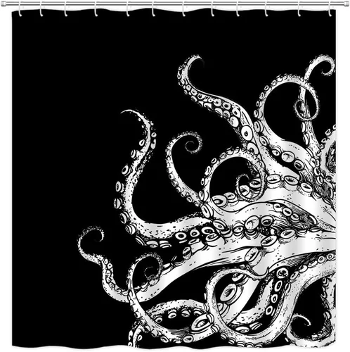 Vista 13 de Cortina de ducha de tentáculo de pulpo, diseño de kraken de océano blanco y negro, divertido animal náutico, vida marina, fresco, moderno, único