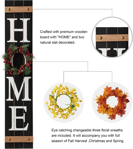 Vista 3 de Glitzhome - Letrero con palabra en inglés «Welcome» para puerta delantera, porche, rústico, de madera, con 3 coronas de flores intercambiables