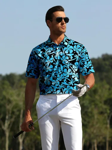 Vista 3 de APTRO Camisas polo de golf para hombre que absorben la humedad, camisas de golf hawaianas de ajuste seco