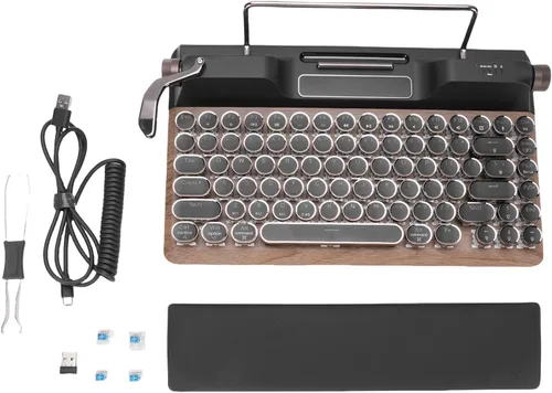 Vista 9 de Yoidesu Mechanical Keyboard, Bluetooth 5.0 Computer Keyboards with 84 Key Blue Switches, Punk Round Keycap, RGB Backlight, Retro Typewriter